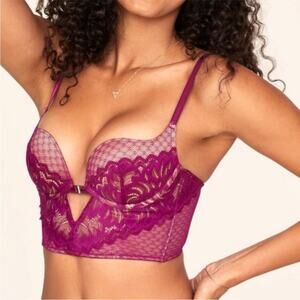 NWT ADORE ME Magenta Purple Lace Camila Long Line Push Up Bra Bustier Size 36C